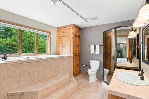 Primary bathroom with built in storage, stand up shower and steps leading to the bathtub