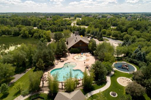The pool area also includes a fun splash pad