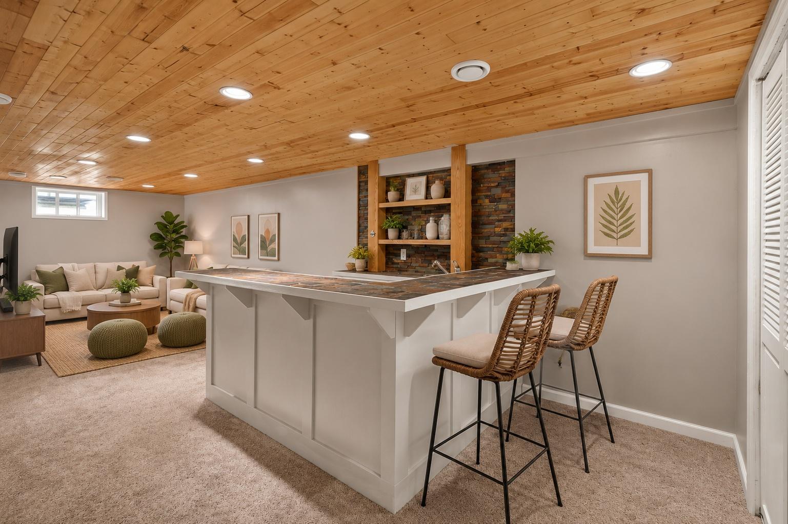 Wet bar staged virtually to show opportunity to entertain friends and family