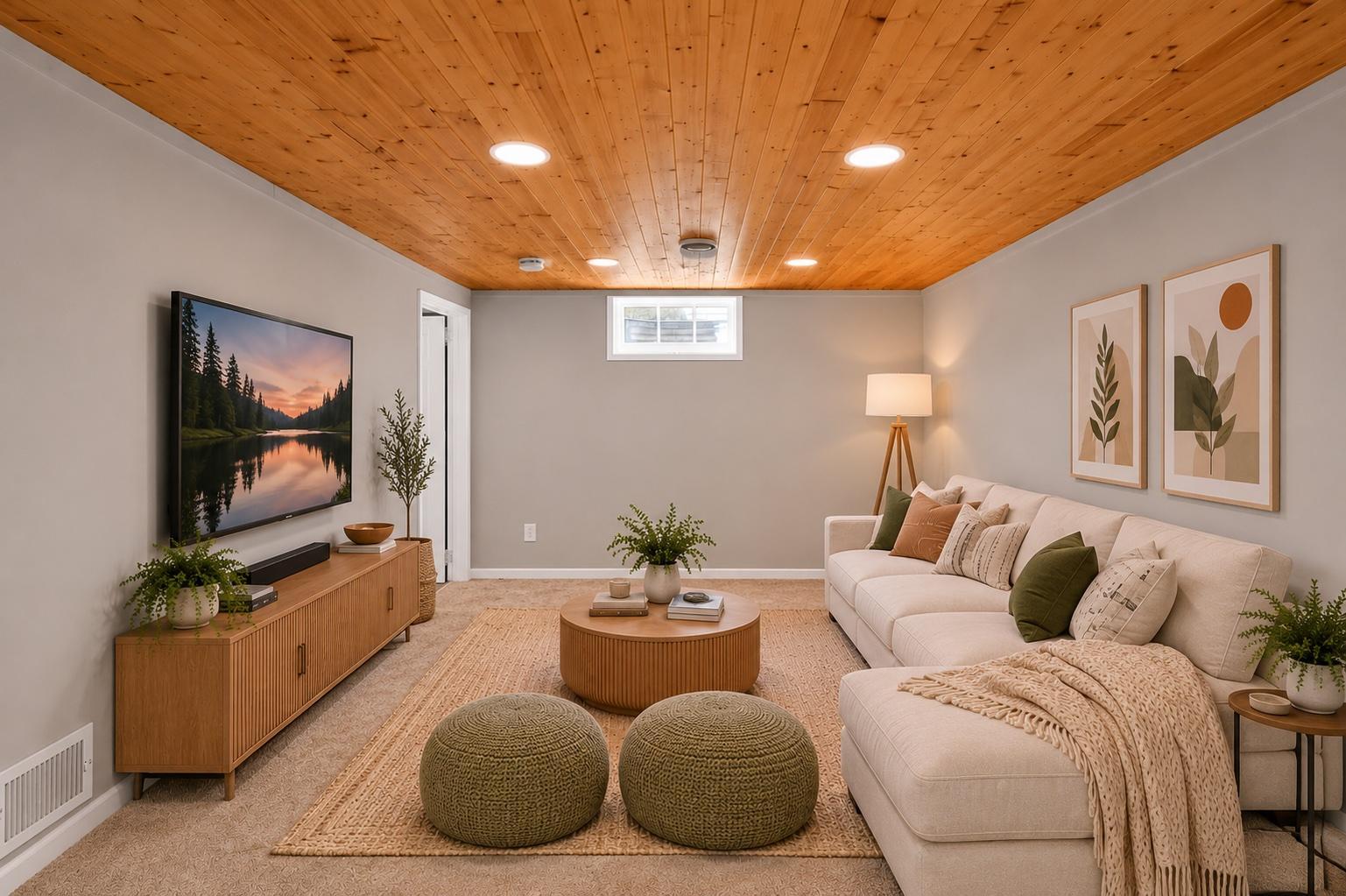 Family Room staged virtually to show a cozy and functional layout