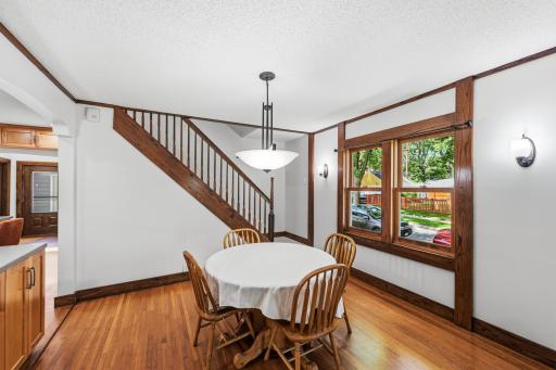 The large dining space opens to the kitchen for easy entertaining.
