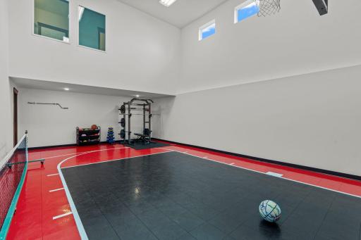 The court can be viewed from the main level through two large window in the mudroom. There is also lots of natural light that comes through the transom windows. The space can be used for more than sports. It's also perfect for parties!