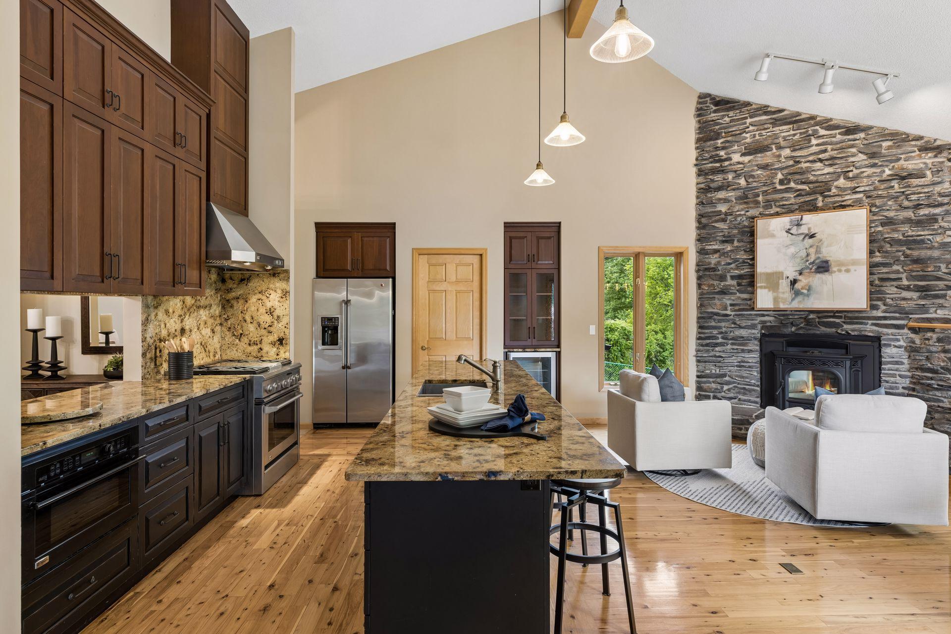 Impressive for hosting family and friends, there is a powder room around the corner to the left, a walk-in pantry and beverage fridge area.