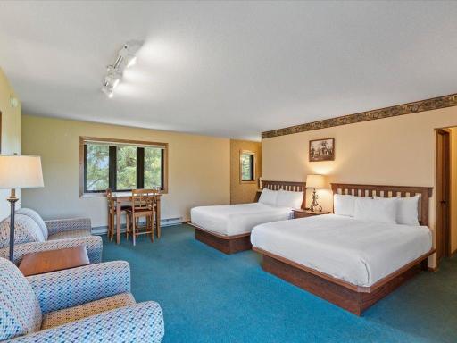 The upper unit is big and spacious and works wonderful for multiple people usage with 2 beds and a pull out sleeper sofa.