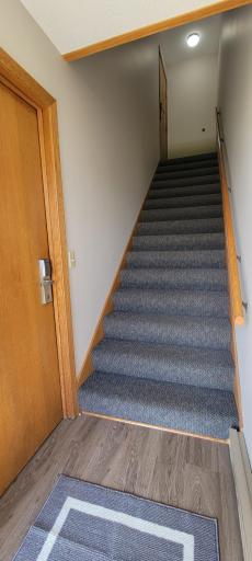 A view of the foyer, main floor unit door and the stairways to the upper level unit.