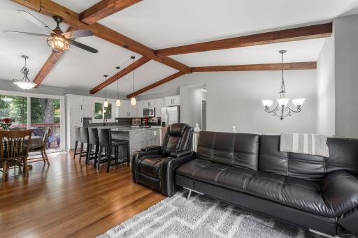 Open Concept Living Area with Beautiful Beams