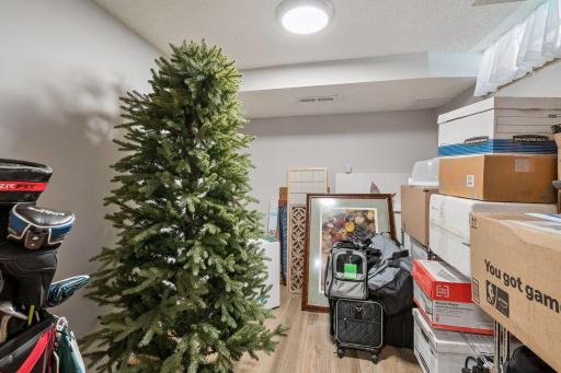 Rarely found, this finished storage room offers exceptional space for organization, making it easy to keep the rest of the home clutter-free. Could be used as a home office.