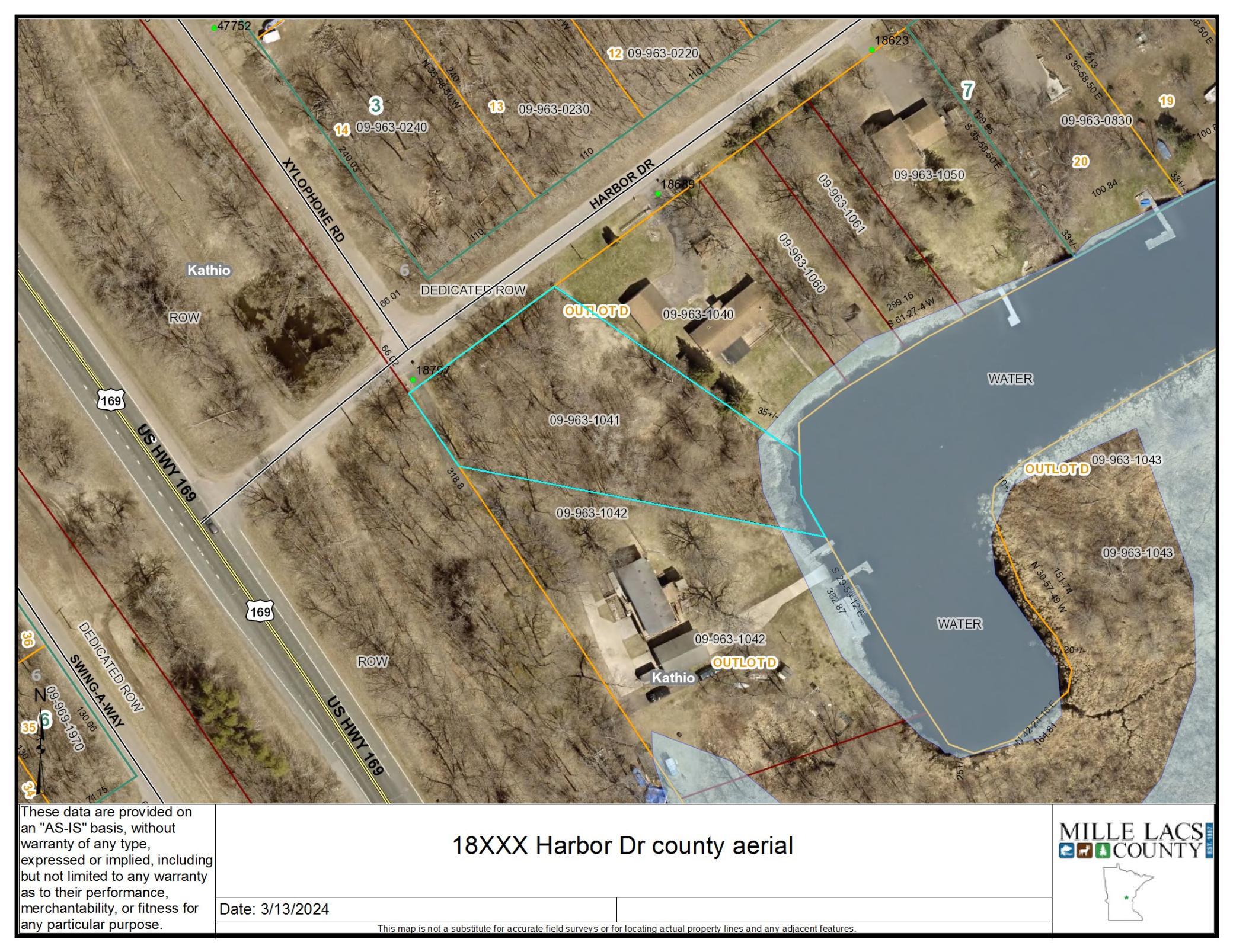 18XXX Harbor Dr county aerial view which shows the approximate shape/terrain of the lot. This is not deemed to be accurate, just an approximate overlay.
