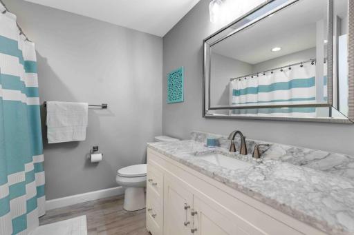 Basement Bathroom with stone counter tops.