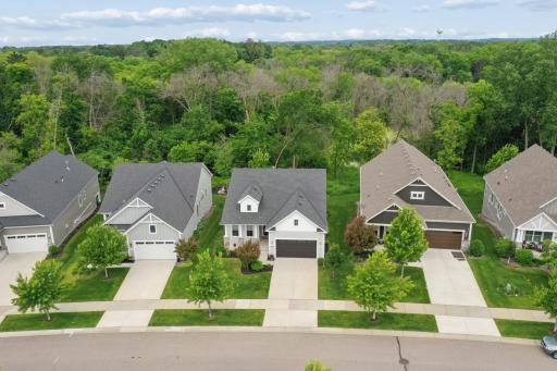 From above, this stunning villa showcases a beautifully designed layout complete with a clean concrete driveway and thoughtfully connected walking paths throughout the neighborhood.
