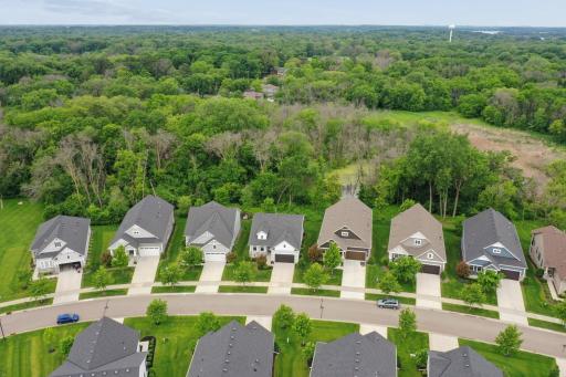 Take in a stunning aerial perspective of these beautifully designed villa homes, perfectly nestled against a backdrop of lush, woodland. Each residence offers peaceful backyard views of mature trees, creating a serene, nature-filled setting.