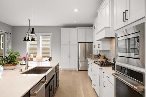 Sunlight pours across the countertops, catching the soft gleam of the expansive cabinetry that lines the walls from floor to ceiling.