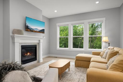 A gas burning fireplace brings warmth in the fall and winter. Showcasing the seating area, furniture arrangement, and overall spatial layout.