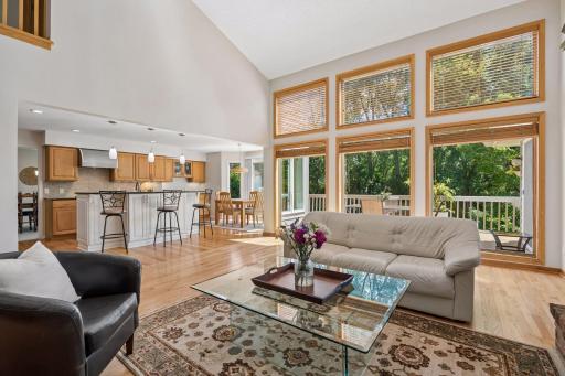 Spacious main family room with soaring two-story ceilings, flowing into a large, open kitchen designed for easy entertaining. Abundant natural light fills the space.