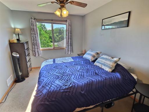 A second view of the main bedroom features a ceiling fan and carpet floors.