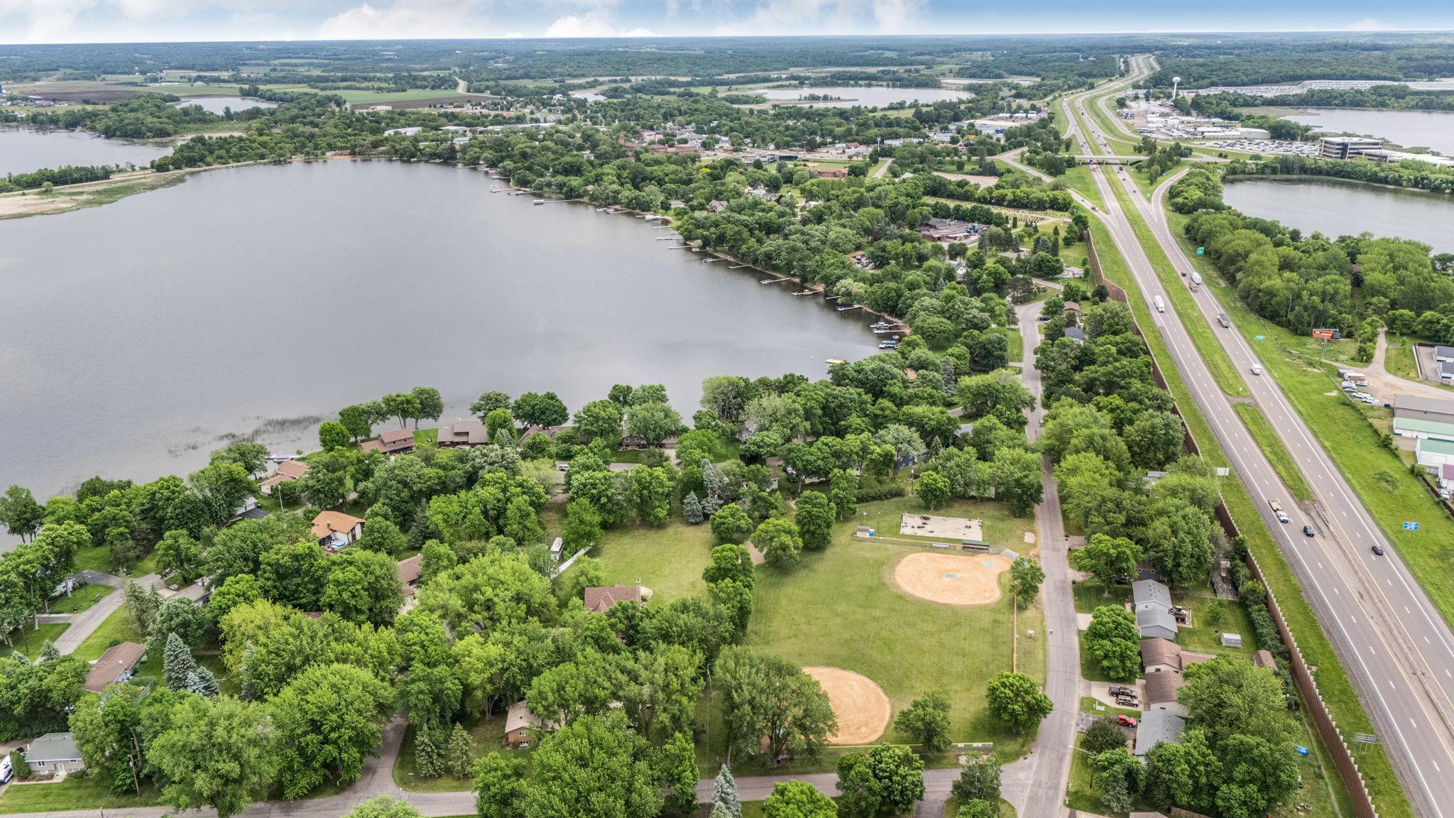 Drone showcases the surrounding neighborhood.