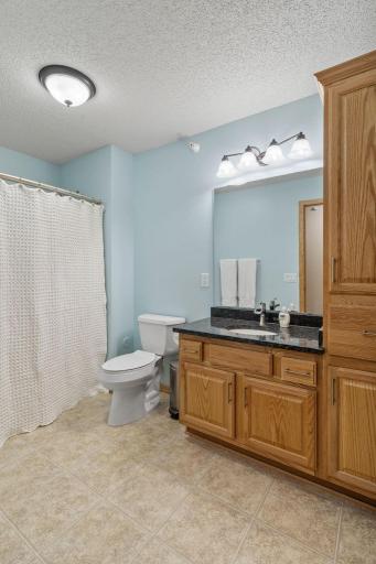 Full main bath is updated with granite, new sink and waterfall faucet