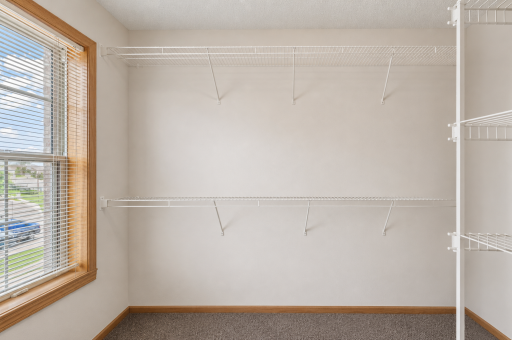Large primary walk-in closet off bathroom with west facing window