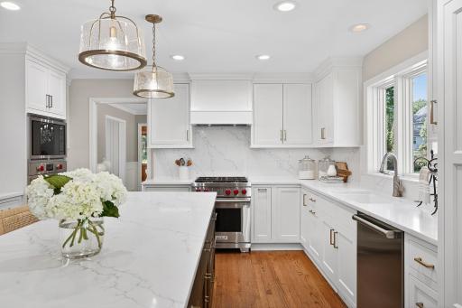 Timelss White Quartz Countertops - Center Island Accents Kitchen with Darker Wood Tone
