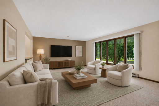 Very spacious living room off of the kitchen and dining. Full wall of windows let in natural light - and views of the lake. Virtually staged