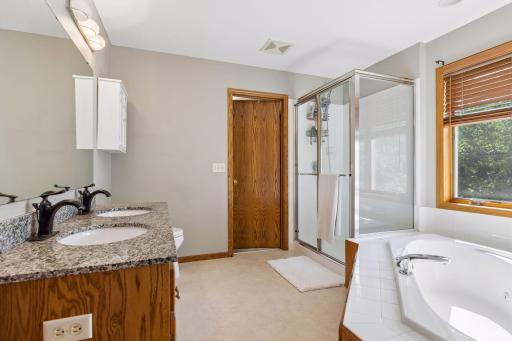 Spacious primary bath with dual sinks, step in shower, large soaking tub and walk-in closet. So much natural light fills the room.
