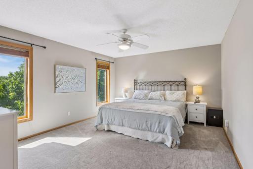 Primary bedroom is huge with large windows overlooking the backyard.