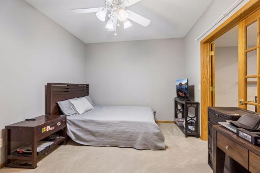 Lower-level flex room currently being used as a non-conforming bedroom. French doors plus another entrance and a closet makes this a great office, play room, craft room, etc.