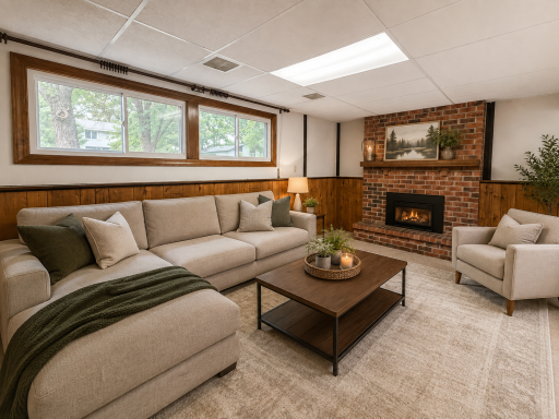 Family Room w/ Fireplace #2 in Lower Level - AI-Enhanced & Staged