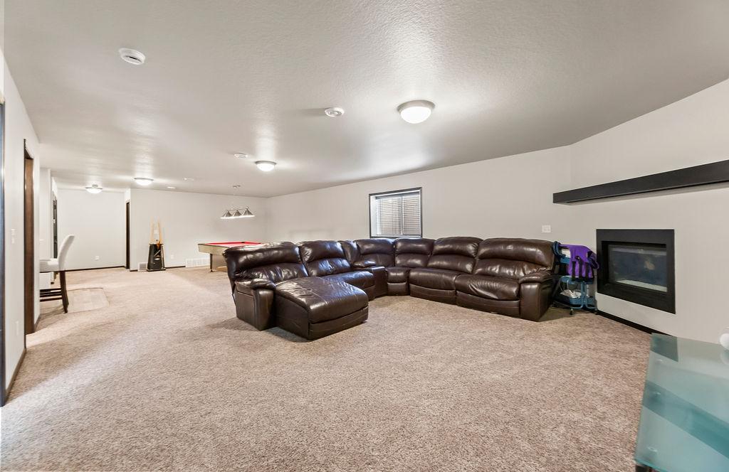Lower level family room + gas fireplace