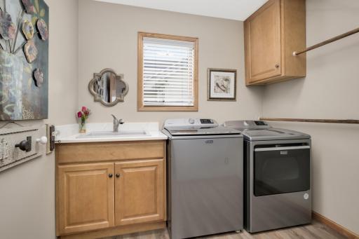Main Floor Laundry Room with utility sink, cabinetry, and updated flooring.