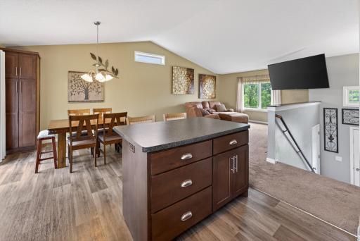Open Floor Plan of Kitchen/Living/Dining & Vaulted Ceiling