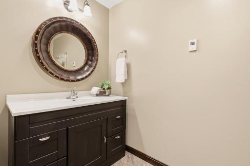Convenient lower level full bathroom with updated vanity and easy access from the family room and guest bedroom.