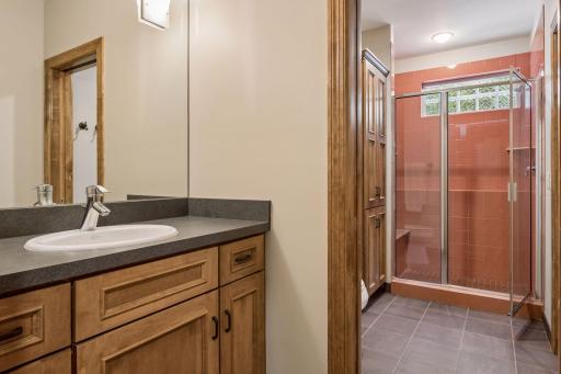 2nd sink area from hallway / craft room separated by a pocket door with stool and shower area. This is all part of the lower-level ensuite area.