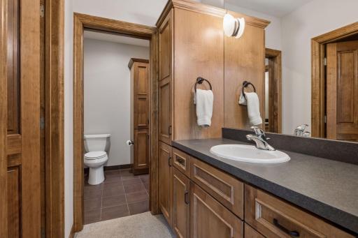 Ensuite bathroom with separate sink area plus walk- in closet. Custom cabinetry was carried throughout the home along with solid core paneled doors.