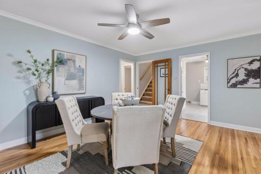 Dining Area â Hardwood Floors Beautiful hardwood floors anchor this inviting dining room, perfectly positioned between the living room, kitchen, and main floor bathroom.