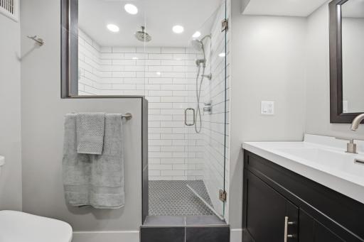Downstairs Bathroom with a fully tiled shower