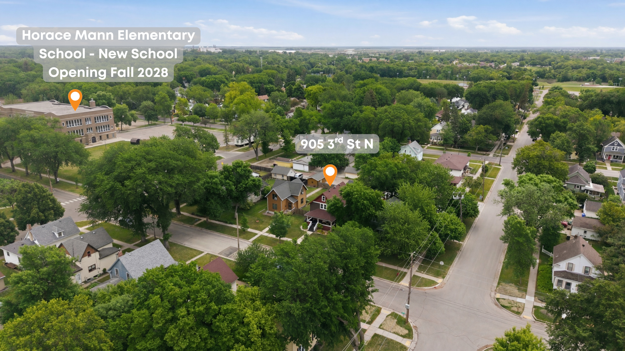 Aerial View of the neighborhood. Just a block away from Horace Mann Elementary School. The new school, K-5, will be built on the same site.