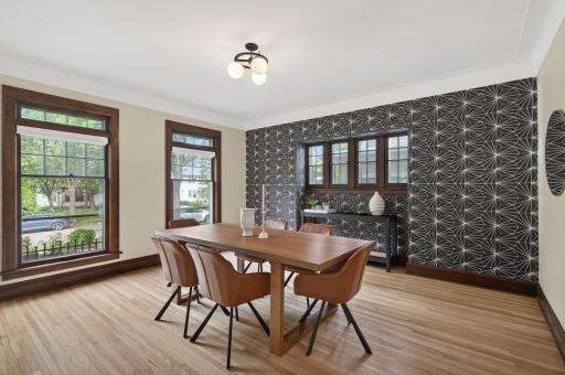 Formal dining room rich with character, perfect for gatherings both large and small.