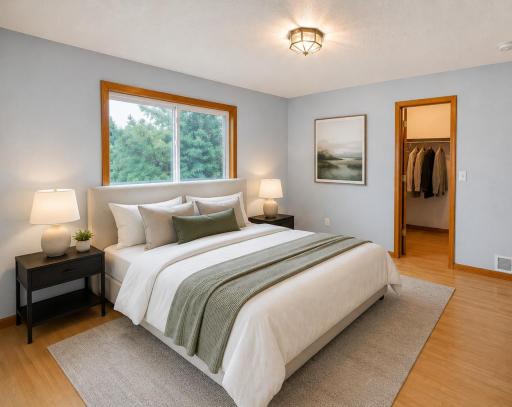 Main floor bedroom with walk in closet. *photo digitally staged*