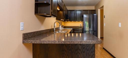 Kitchen offers abundant cabinet storage with newer countertops, double sink and faucet and new refrigerator.