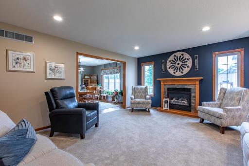 Very large living room with gas fireplace.