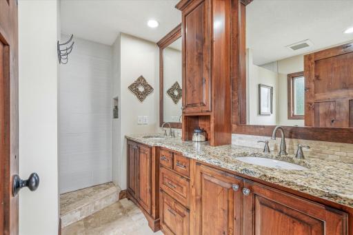Dual sinks and tiled floors