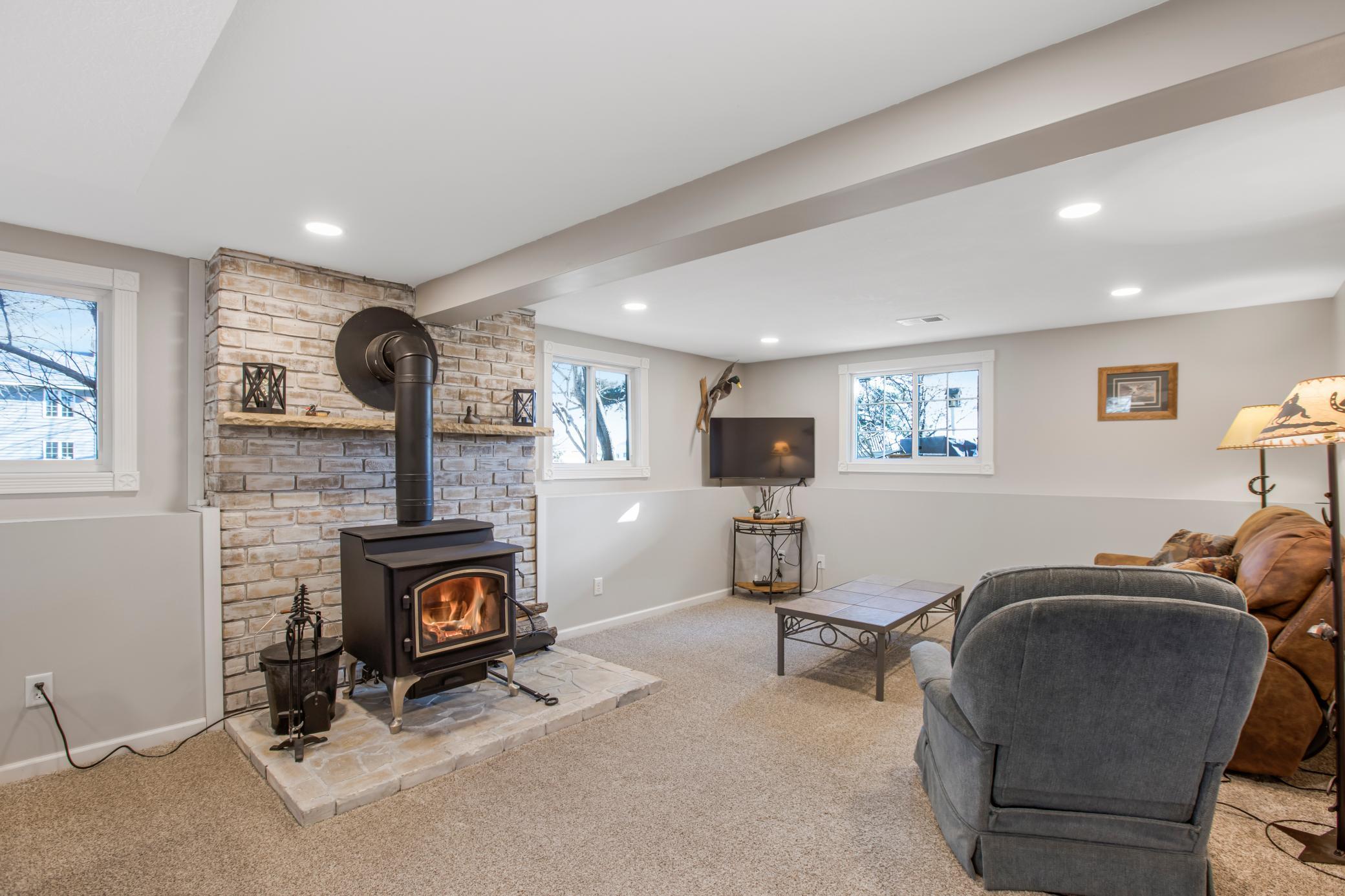 Wood burning stove in the family room takes the chill off those cold winter nights