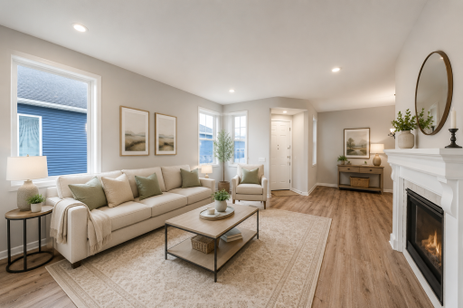 Large living room with 10 ft. ceilings, 8 ft. doorways, and a gas fireplace.