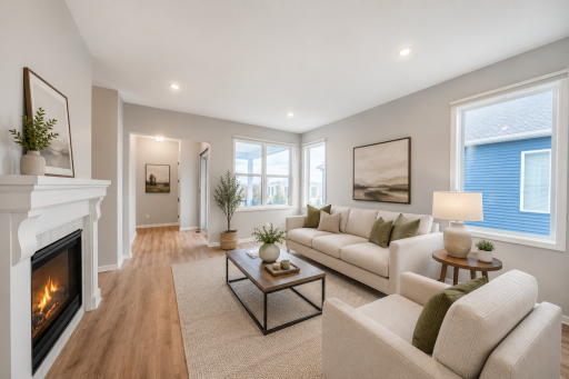 Living room with 10 ft. tall ceilings, 8 ft. doorways, recessed lighting, and a gas fireplace!