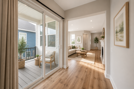 Sliding doors leading to the composite deck overlooking professionally landscaped yard.