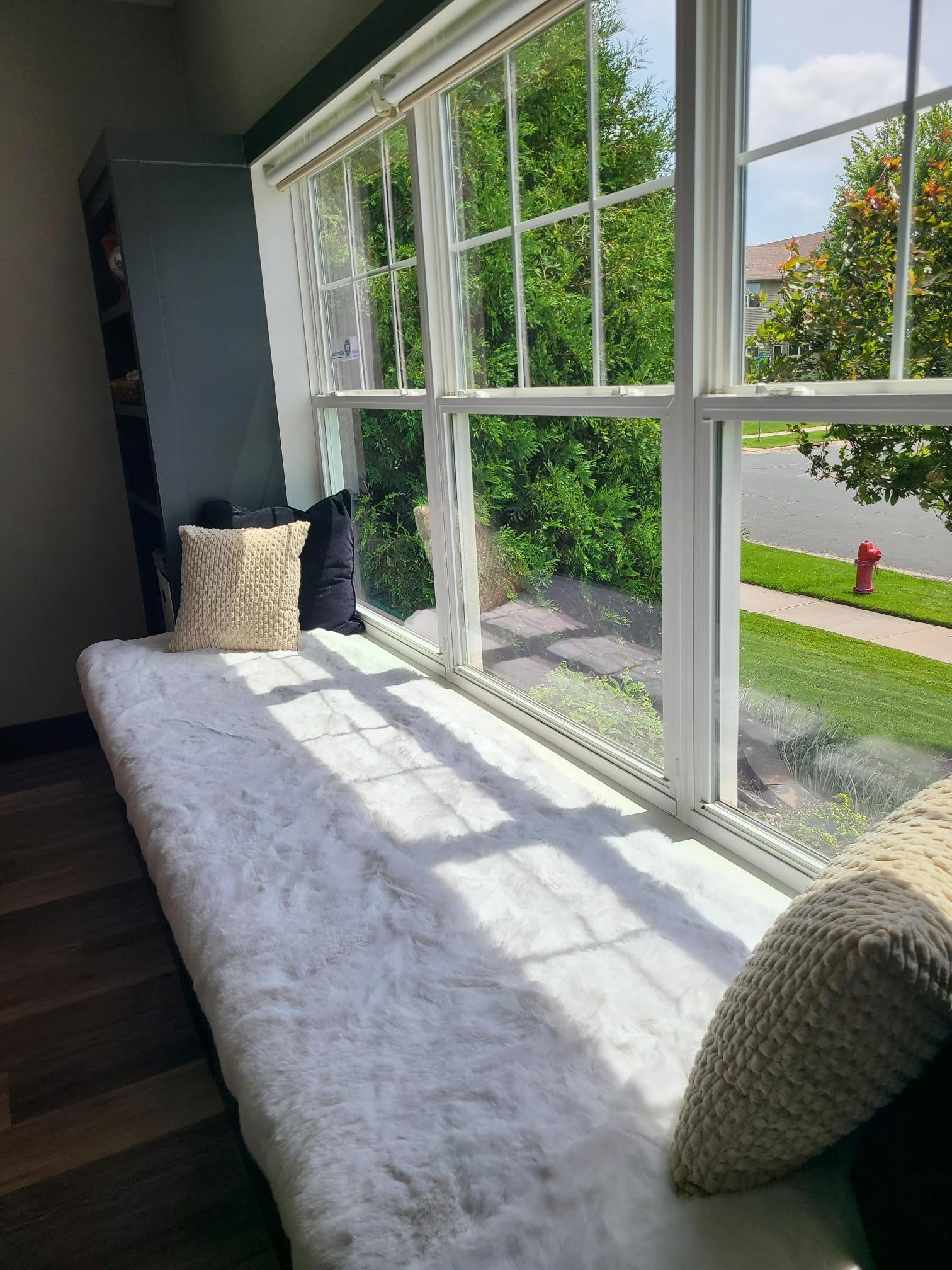 Sunny front window bench seat overlooks the quiet avenue