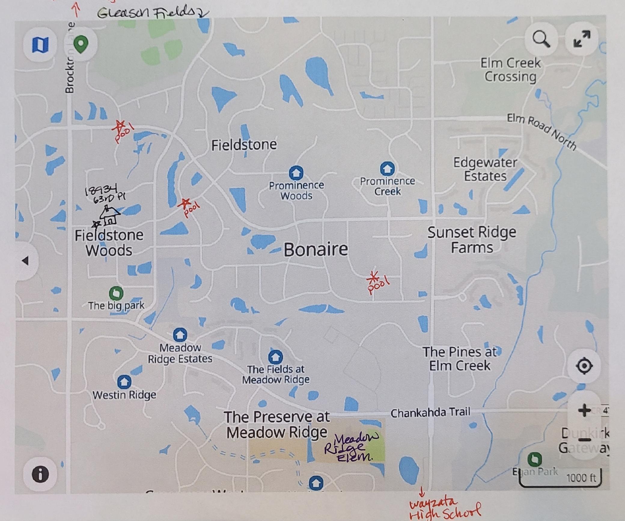 Map showing home and community highlights. Pools are marked with red stars.