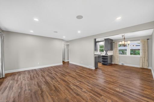Bright and open living room into the dining room