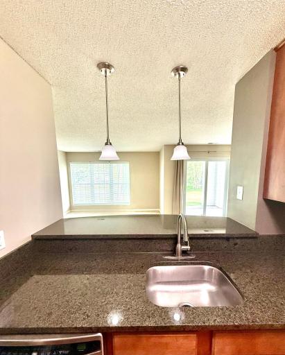 View from your kitchen sink, overlooking the breakfast bar; serene pond views with a beautiful willow tree are just out your windows and door.